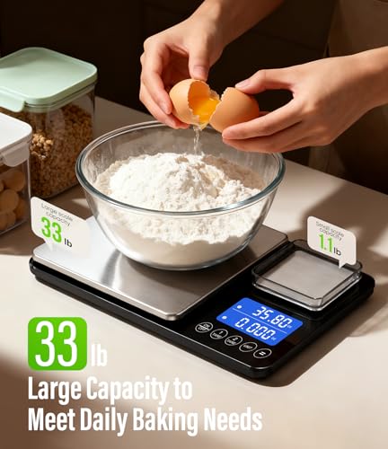Digital Dual Platform Kitchen Scale, 33 lb Large & 1.1 lb Mini Food Scale with Dual-Line LCD Display, Stainless Steel, Hig...