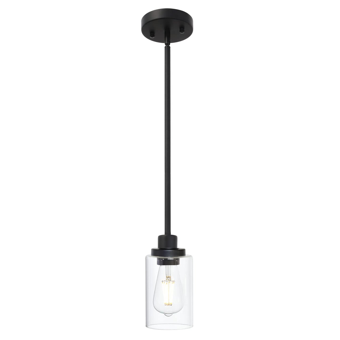 TODOLUZ Black Industrial Pendant Light Fixture, 1-Light Metal with Clear Glass Cylinder Shade for Kitchen and Dining Room