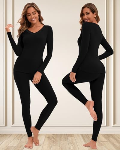 WOWENY Long Johns Thermal Underwear for Women Fleece Lined Base Layer 2 Pieces Pajama Set Cold Weather Lace V Neck Top Bottom