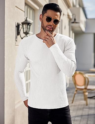 Ekouaer Men's Long Sleeve Shirts Ribbed Pullover Tees Sim Fit Thermal Tops Crew Neck Stretchy Undershirts S-3XL