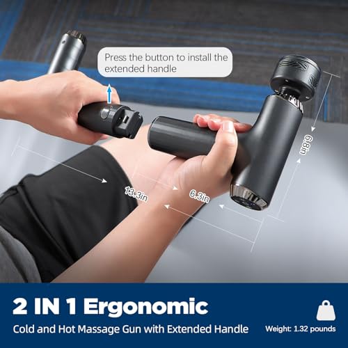 Emicool Massage Gun with Heat and Cold, 2 in 1 Portable Mini Muscle Massager with Extended Handle, Handheld Electric Percu...