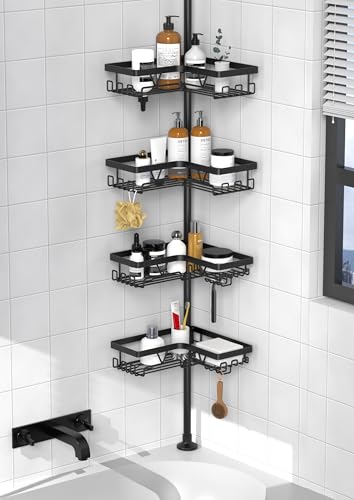 KEGII Corner Shower Caddy Tension Pole - Shower Tension Rod Organizer, Floor to Ceiling Shower Caddy 25-114.2 inch, Towel ...