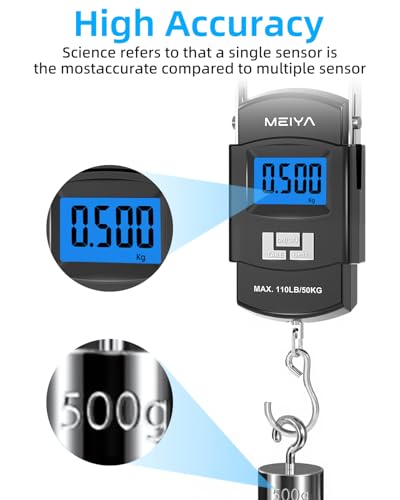 MEIYA Fish Scale 110lb/50kg Digital Fishing Scale with Backlit LCD, Portable Handle, Stainless Steel Hook & 2 AAA Batterie...
