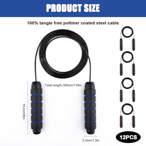 12Pcs Jump Ropes with Ball Bearings,Adjustable Skipping Rope with Soft Foam Handles,Tangle-Free Rapid Speed Jumping Rope f...