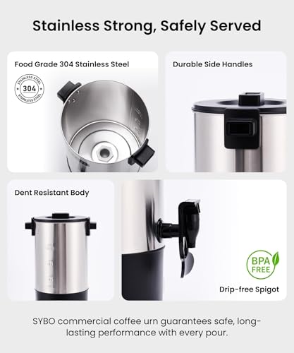 SYBO Commercial Grade Stainless Steel Percolate Coffee Maker, Hot Water Urn for Catering, Hot Beverage Dispenser, 40-Cup, 6L, Metallic