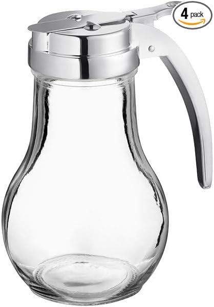 4-Pack Glass Teardrop Syrup Dispenser, 14 oz, Clear with Silver Chrome Lid, Dishwasher Safe, Round Handle, for Honey and Syrup, 3.5 x 3.5 x 6 Inches