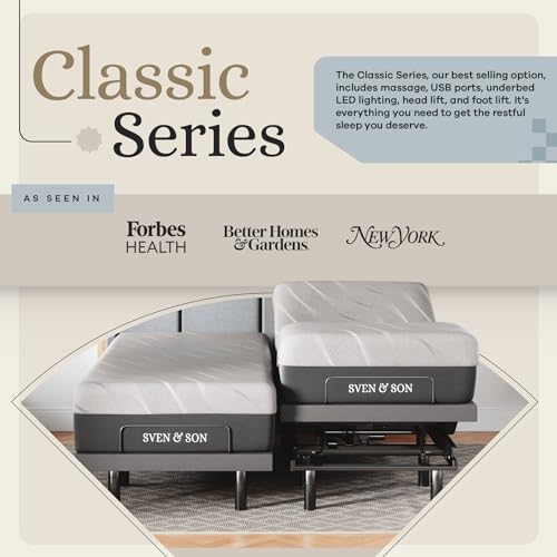Sven & Son Classic Adjustable Bed Base, Head and Foot Lift, Massage, Under-Bed Lights, USB, Gel Memory, Zero Gravity Smart...