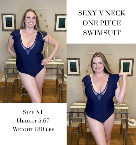 AI'MAGE One Piece Swimsuits for Women Sexy Mesh Deep V Neck Bathing Suit Ruffle Cap Sleeve Tummy Control Swimwear S-XXL