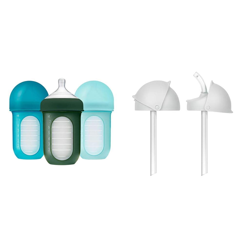 Boon Nursh Reusable Silicone Baby Bottles with Conversion Straw Sippy Cup Lids - Stage 2 Medium Flow Nipples - Blue - 8 Oz - 3 Count