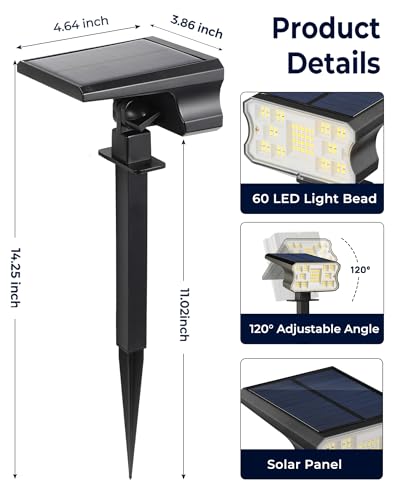 HGGH Solar Lights Outdoor Waterproof IP67, 60 LED 3 Lighting Modes Solar Spot Lights Outdoor for Yard Garden Pathway Lands...