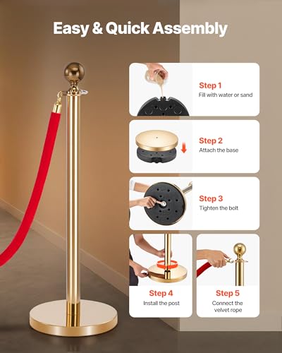 VEVOR Stanchions and Velvet Ropes 6Pcs, Hollow Base with Stainless Steel Post & 26.25ft Carpet, 4 Red Velvet Ropes, Crowd ...