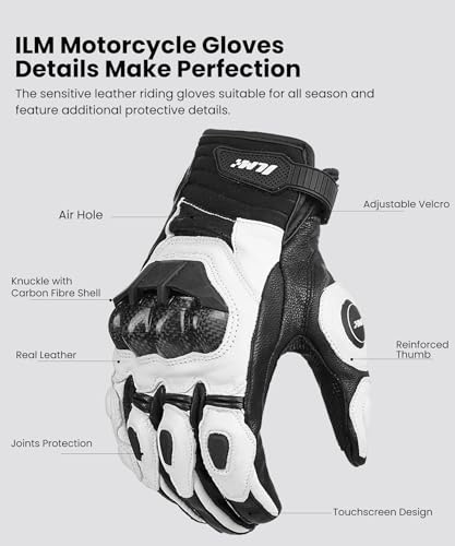 ILM Air Flow Leather Motorcycle Gloves Touchscreen for Men and Women Model-GRC01 (M, White)