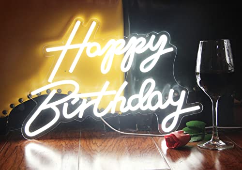 STRTT LED Neon Happy Birthday Sign Night Light Birthday Party Decorations White USB Operated Decorative for Backdrop Party...