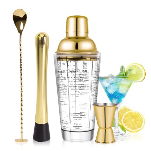 SAVORLIVING 14oz Glass Cocktail Shaker Set, 4PCS Bartender Kit, Martini Mixer Shaker with Built-in Strainer, Mixing Spoon,...