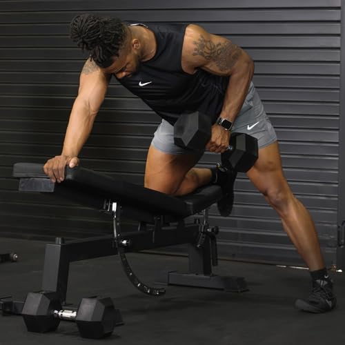 Titan Fitness Rubber Hex Dumbbells, 5 LB-50 LB Set of Pairs, Roll-Resistant Hexagonal Free Weights, Hex Dumbbell set with ...
