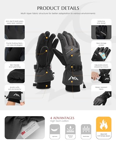 Caracaleap Ski Gloves for Men Women - Winter Snow Windproof Waterproof Skiing Snowboarding for Cold Weather Warm