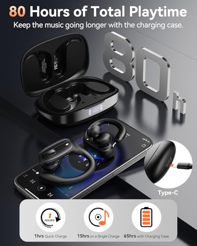 LEEMC Wireless Earbuds, Bluetooth Headphones 5.4, Ear Buds with Hooks for Sports, 80Hr Playtime Earphones, LED Display, IP...
