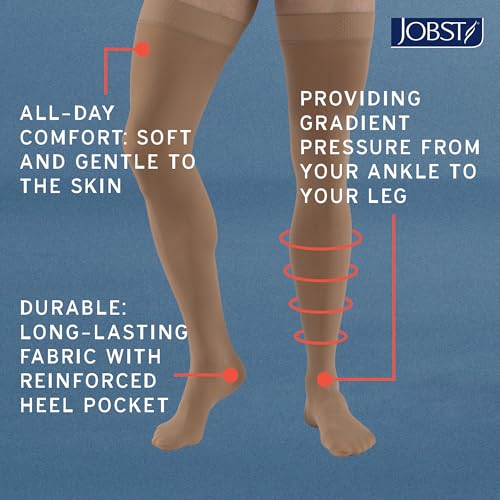 JOBST Relief 20-30 mmHg Thigh High Compression Stockings with Silicone Band, Open Toe, Beige, Medium