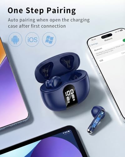 Wireless Earbuds, Bluetooth 5.4 Headphones HiFi Stereo, Ear Buds with 50H Playback, LED Display Wireless Earphones Clear C...