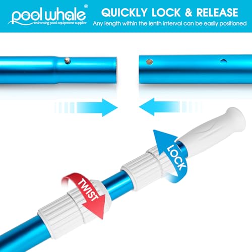 POOLWHALE Premium 15 Foot Telescopic Swimming Pool Pole, Adjustable 3 Piece Extendable Pool Cleaning Pole, Blue Anodized A...