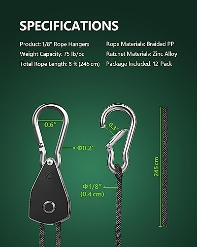 STAYGROW 12-Pack 1/8” Adjustable Rope Hanger, Heavy Duty Ratchet Tie Down Strap with Reinforced Metal Gear, Ratcheting Pul...
