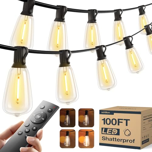 addlon 100FT LED Outdoor String Lights with Remote Waterproof Patio Lights with Shatterproof ST38 Replaceable Bulbs, Dimma...