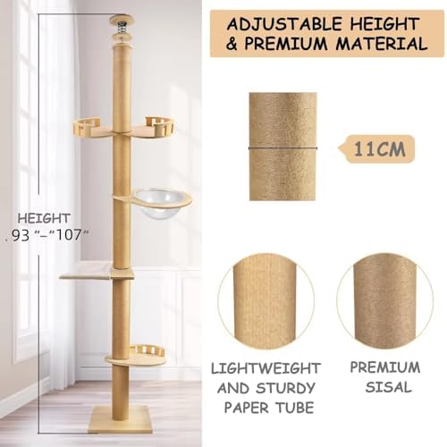 Cat Tree Floor to Ceiling,Cat Tree Height Adjustable from Floor to Ceiling（92“-108”）, Tall Climbing Tree, Equipped with Scraping Pillars, Comfortable Bed, Observation Deck, Space Capsule