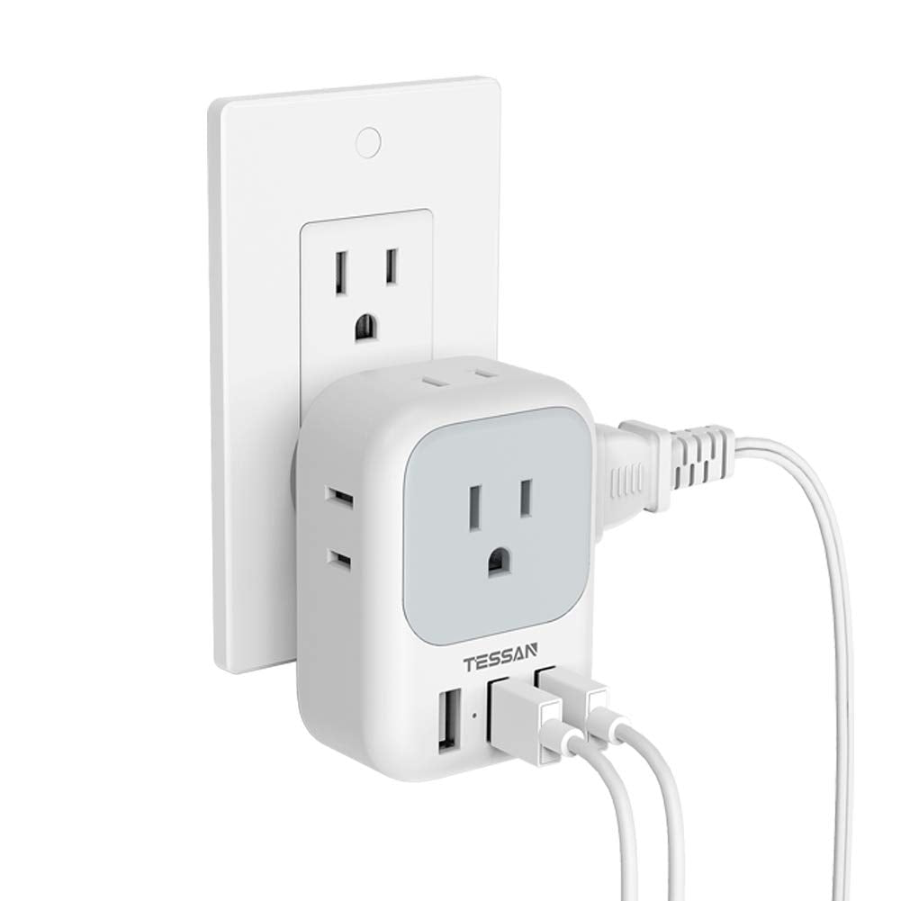 Tessan Usb Charger Block, Wall Plug Adapter With Electrical 4 Box Splitter 3 Usb Wall Charger Ports, Multi Plug Outlet Extender
