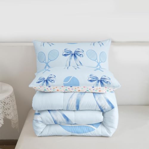 Castle Fairy Tennis Comforter Set Twin Size,Cartoon Tennis Racket and Ball Bedding Set 2 Pcs for Boys Girls,Kawaii Bowknot...