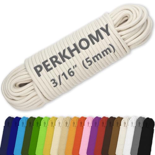PerkHomy 100 ft 3/16" (5mm) Cotton Rope Multi Purpose Utility Diamond Braided Cord, Natural Cotton for Clothes Line Campin...