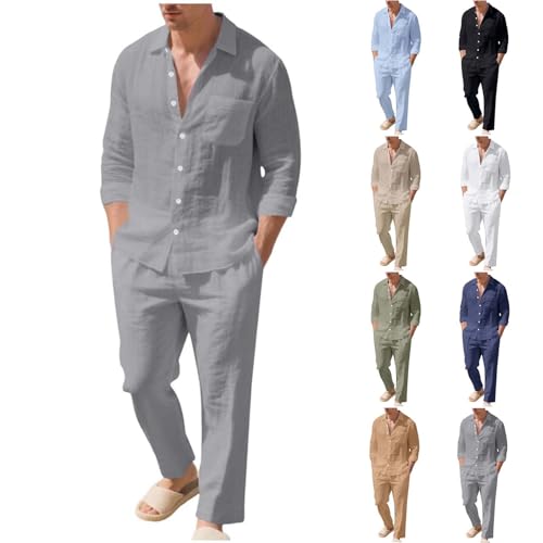 Cambkatl Men's Linen Beach Travel Outfits Long Sleeve Casual Button Down Shirt Matching 2 Piece Tracksuit Sets with Pockets