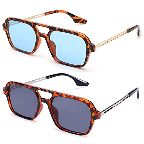 COASION Vintage 70s Flat Aviator Small Frame Sunglasses for Women Men Square Metal Design UV400 Protection Shades