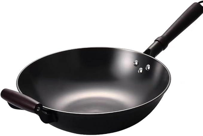 14inch Cast Iron Flat-bottom Wok, Traditional Chinese Cooking Pan, Saute Stir-Fry Cookware with Wooden Handle, Physical Non Stick, Use on Induction, Electric, Gas, Open Fire,BBQ,Grill &Camping