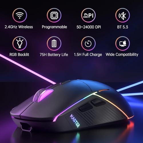 FFJ Wireless Gaming Mouse, 24000 DPI, Tri-Mode 2.4G/USB-C/Bluetooth 5.3 Gaming Mouse Wireless, RGB Programmable Mouse Game...