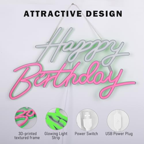 Neoflarea Happy Birthday Neon Sign, Birthday Neon Signs for Wall Decor, USB Powered Dimmable Neon Light, LED Happy Birthda...