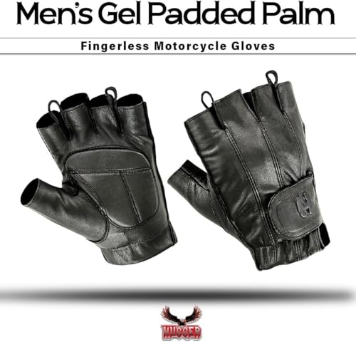 Hugger Fingerless Black Leather Gloves w/Gel Padded Palms - Driving, Motorcycle Riding, Police, Outdoor