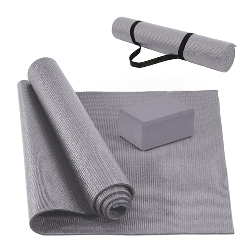 Signature Fitness All Purpose 0.25 Inch Thick High Density No Tear Exercise Yoga Mat with Strap & Lightweight Features for...
