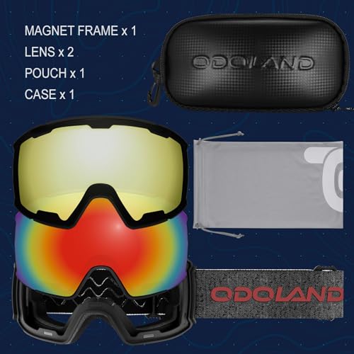 Odoland Magnetic Interchangeable Ski Goggles Set with 2 Lens, Anti-Fog UV Protection Snowboard Snow Goggles for Men Women