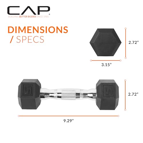 CAP Barbell 5 LB Rubber Coated Hex Dumbbell Hand Weight - Pair | Chrome Handle