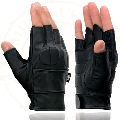 Milwaukee Leather SH462 Men's Black Leather Gel Palm Fingerless Motorcycle Hand Gloves W/Soft and Stylish ‘Knuckle Pads’