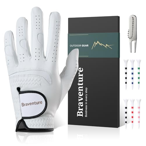 Braventure Mens Breathable Golf Glove: Cabretta Leather Golf Glove with Golf Tees, Divot Tool & Gift Box for Adult Left Hand