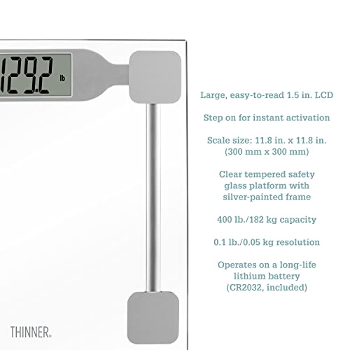 Thinner by Conair Scale for Body Weight, Digital Bathroom Scale in Clear Tempered Glass