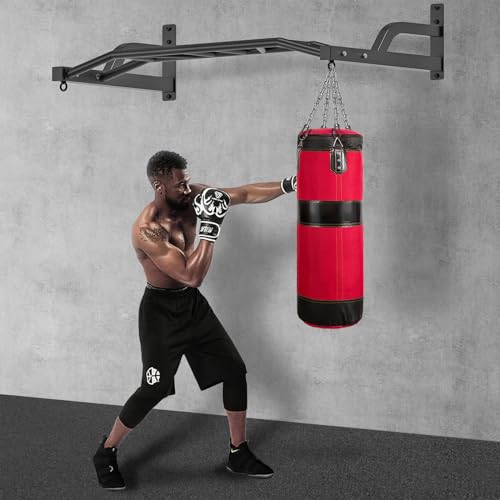 SELEWARE 48'' Heavy Duty Pull Up Bar Wall Mount Multi-function Chin up Bar with Home Gym Cable Pulley System LAT Pulldown ...