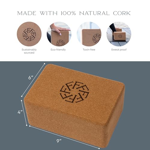 FFLLOOWW Premium Cork Yoga Block – Non-Slip, High-Density Support for Yoga, Pilates, Stretching, Home Workouts & Balance T...