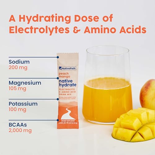 NativePath Native Hydrate Stick Packs, Sugar Free Electrolytes Powder with BCAAs, Peach Mango Hydration, Keto & Paleo Frie...