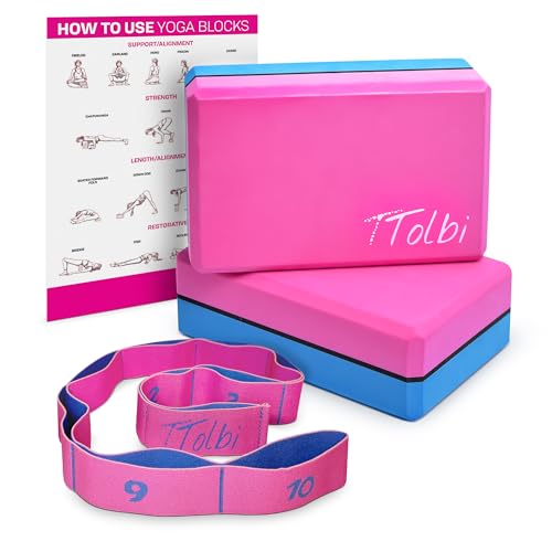 Yoga Blocks 2 Pack with Strap & Guide – Non-Slip EVA Foam Pilates Blocks for Home Workouts, Dance, Ballet, Gymnastics & St...