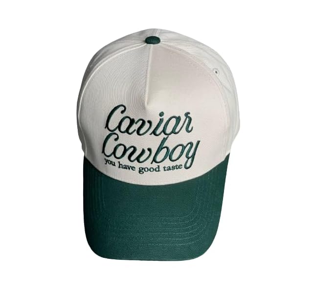 Caviar Cowboy Cap (Beige & Forest Green) - Adjustable Baseball Cap, Embroidered Hat, Trendy Trucker Hat, Gift for Men and Women