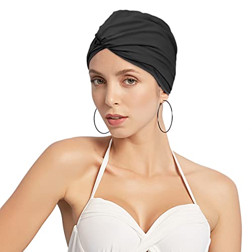 Women Swim Cap Elastic Swim Turban Cap Cover Ear Bath Pool Swimming Cap Pleated Shower Cap for Long Short Weave Curls Hair