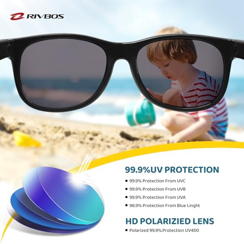 RIVBOS Kids Sunglasses Polarized UV Protection Flexible Rubber Glasses Shades with Strap for Boys Girls RBK004