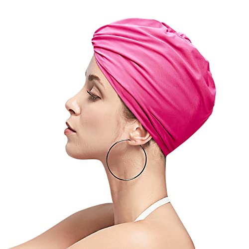 Women Swim Cap Elastic Swim Turban Cap Cover Ear Bath Pool Swimming Cap Pleated Shower Cap for Long Short Weave Curls Hair